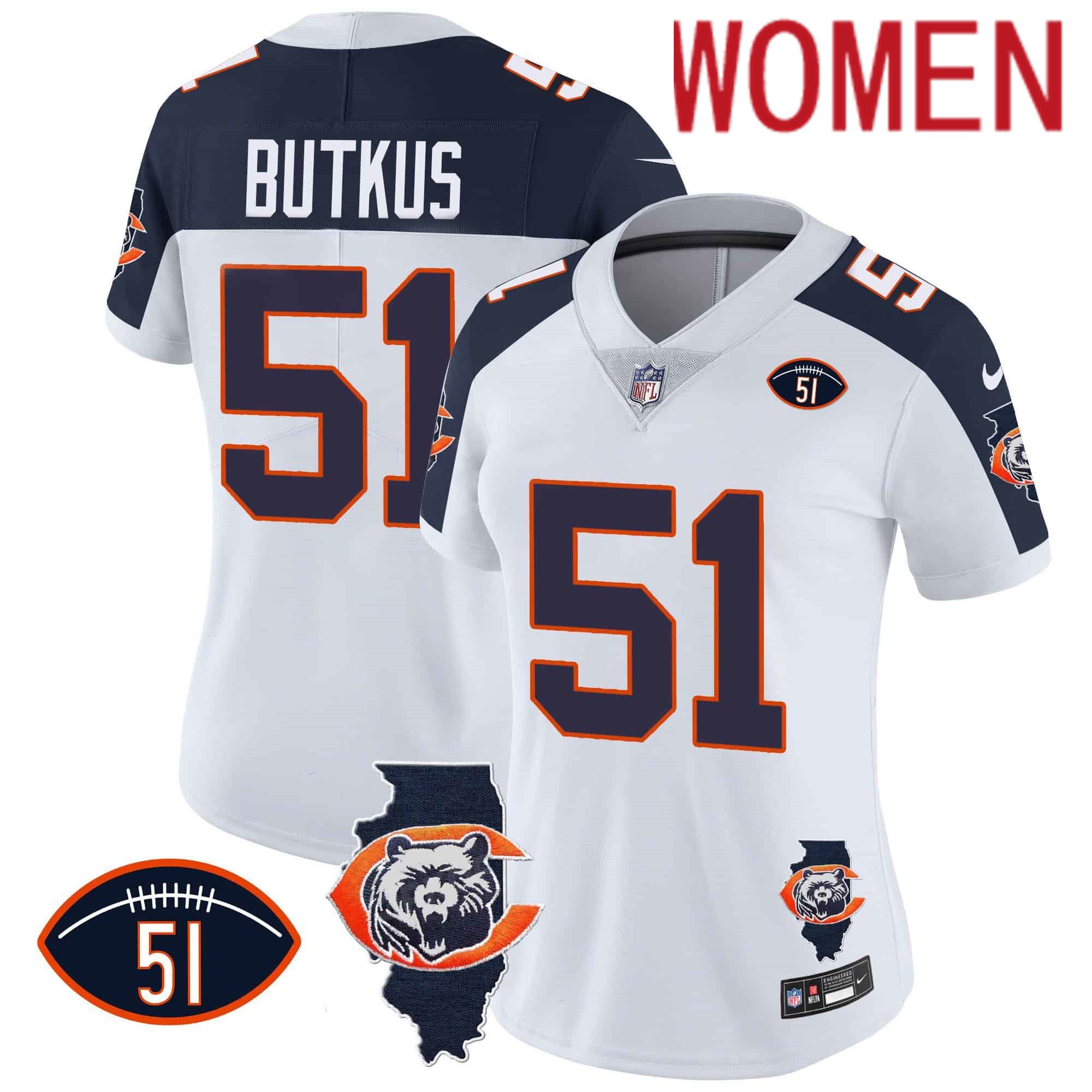 Women Chicago Bears #51 Butkus White 2024 Nike Throwback Illinois Patch Vapor NFL Jersey style 2